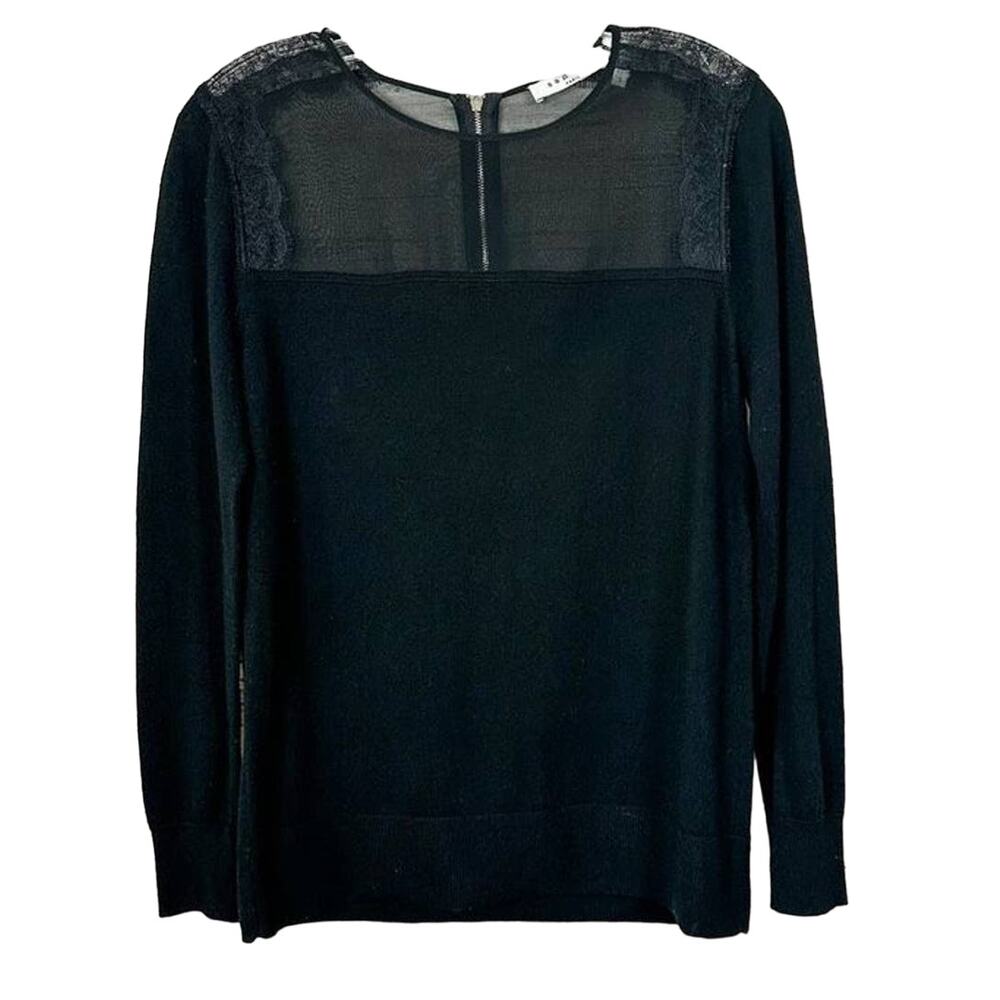 Sandro Paris Womens Wool Cashmere Long Sleeve Lace Accent Blouse Black 1 Small